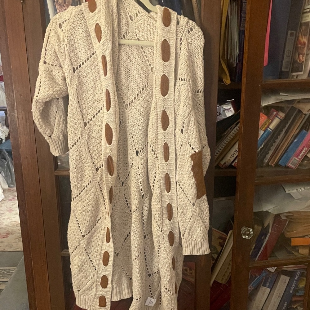 Cream Knit Cardigan with Brown Accents